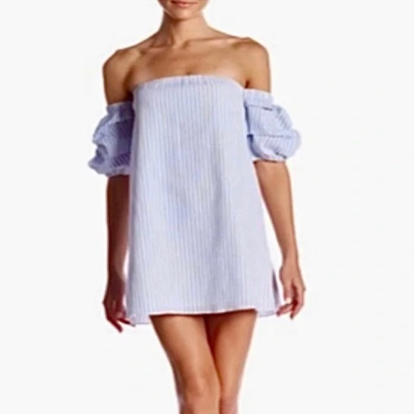 RAMPAGE Dress Chambray & White Stripe Puff Sleeves Seersucker Size Medium - Picture 5 of 11